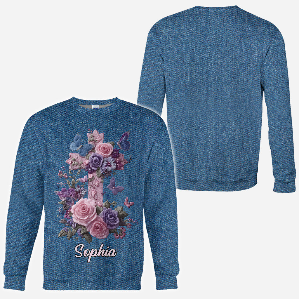 Croix et fleurs - Style élégant honorant la foi - T-shirt chrétien personnalisé