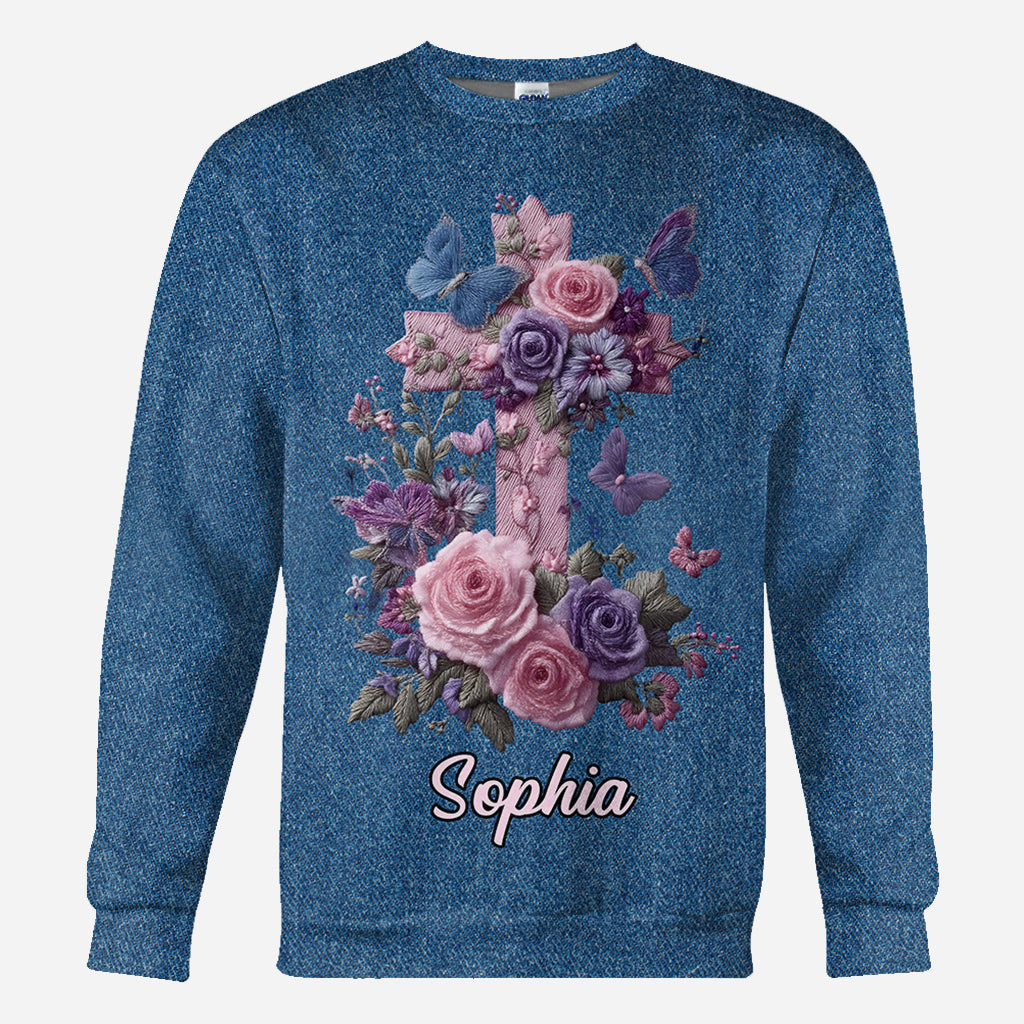 Croix et fleurs - Style élégant honorant la foi - T-shirt chrétien personnalisé