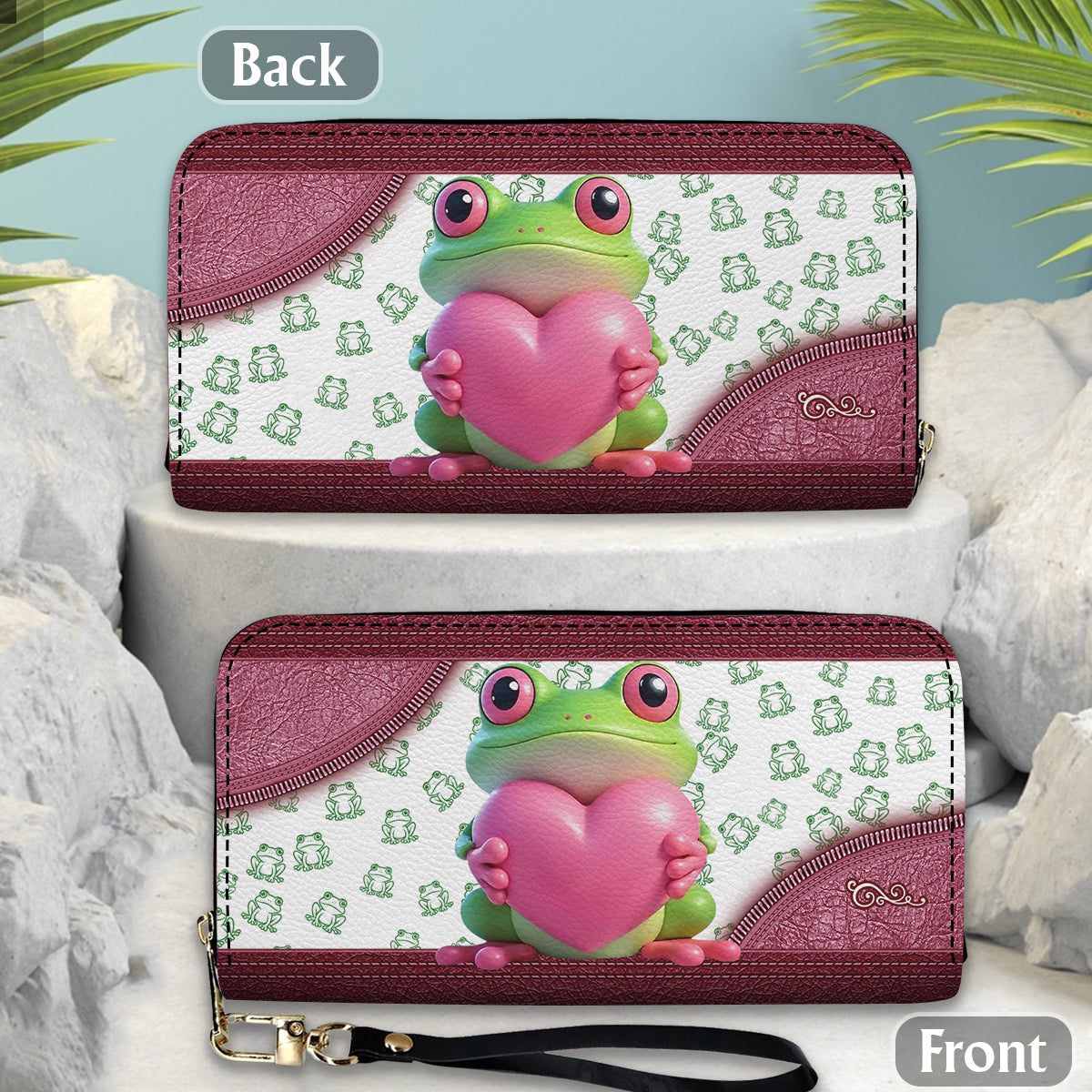 Love Frog - Portefeuille long en cuir personnalisé en forme de grenouille