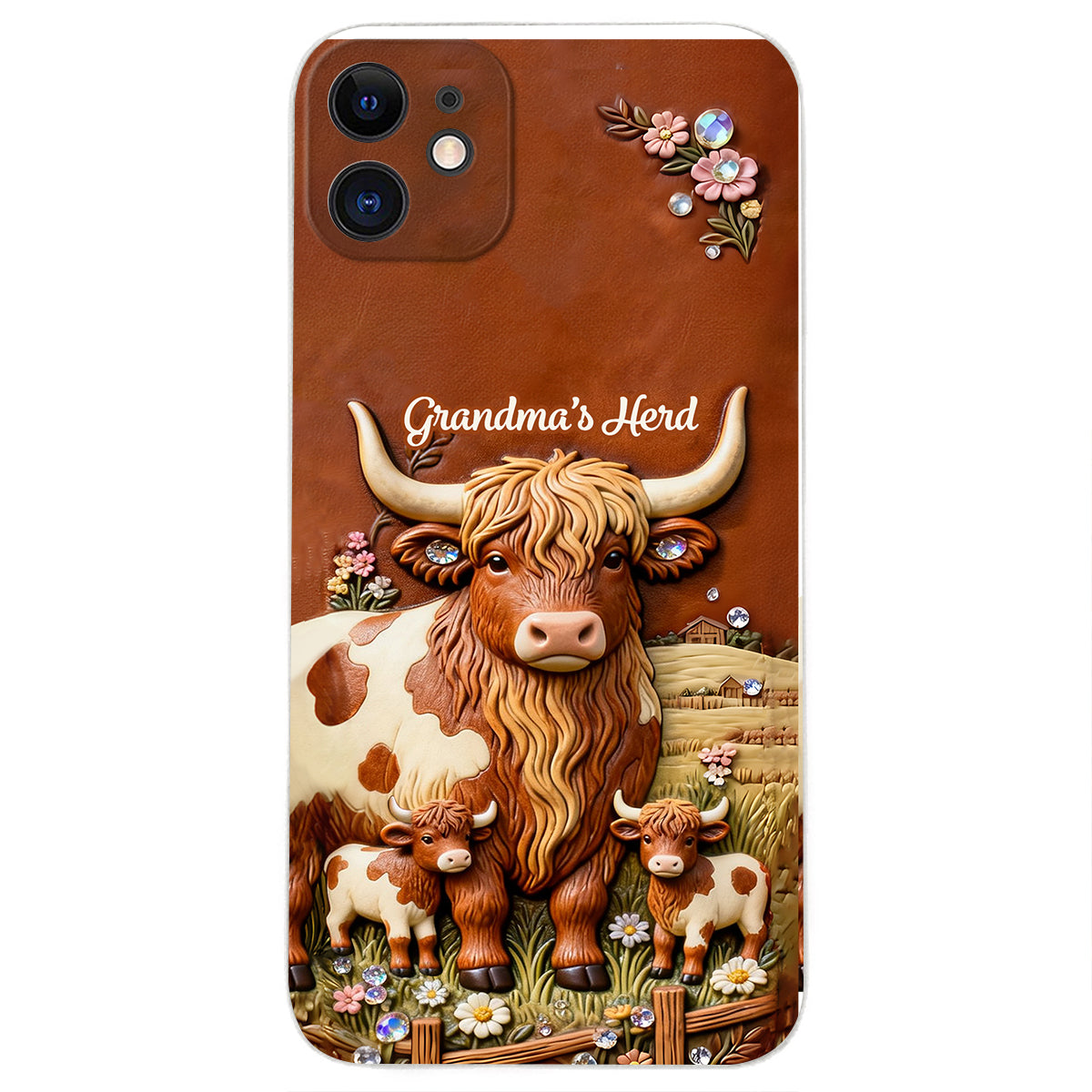 Grandma's Herd - Personalized Highland Cow 3D Embossed Leather Phone Case