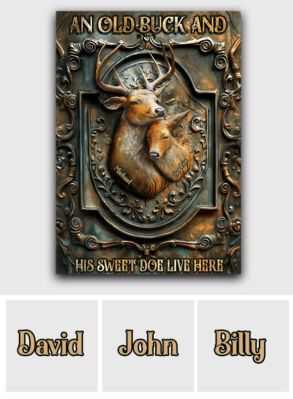 An Old Buck And His Sweet Doe Live Here - Personalized Hunting Rectangle Metal Sign