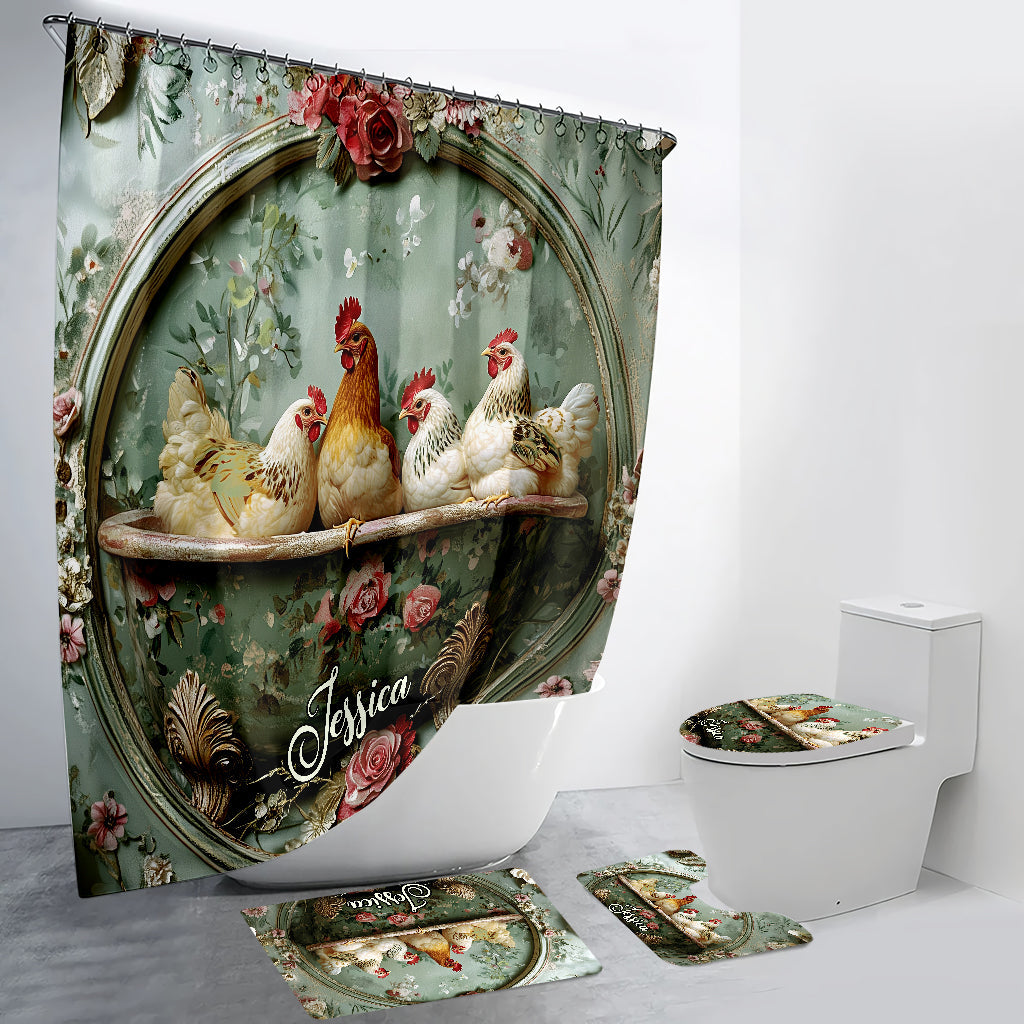 Ensemble rideau et tapis de bain personnalisés « Animaux de la ferme » avec fleurs