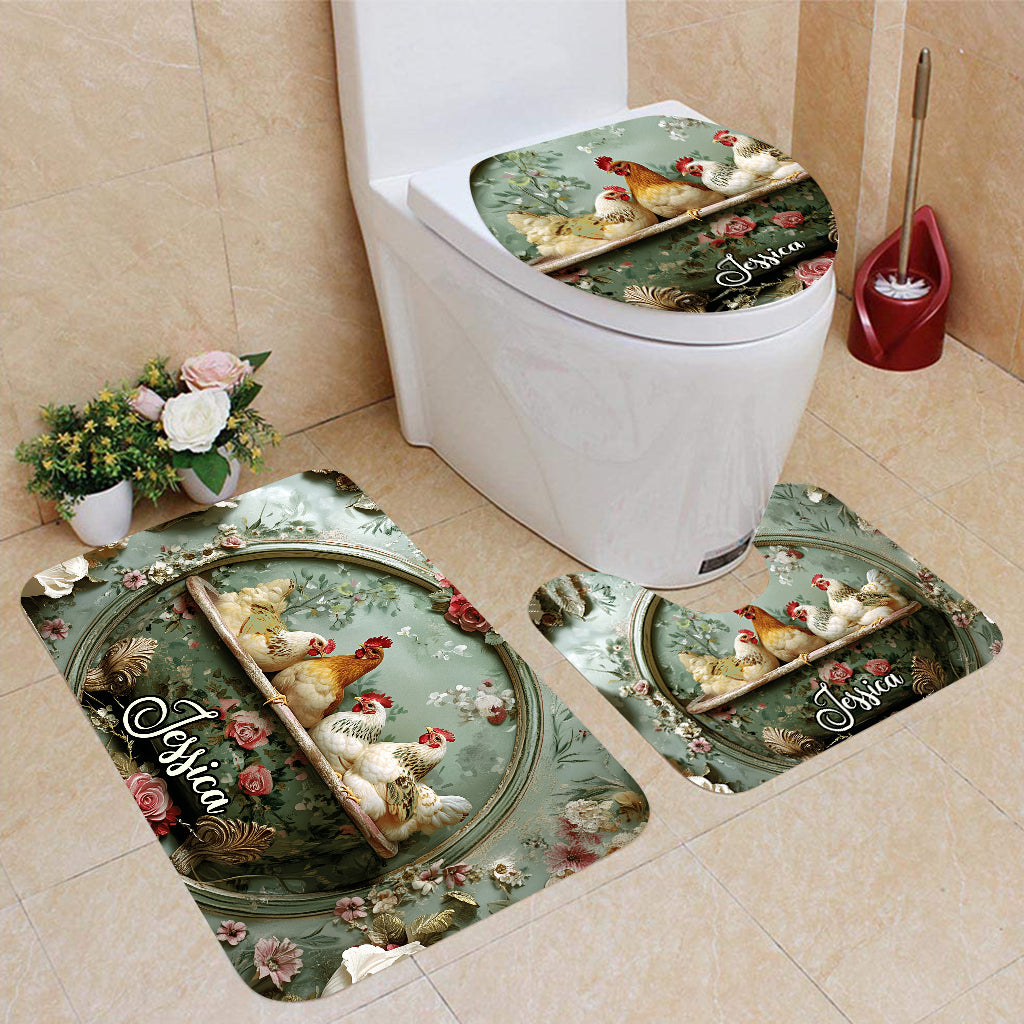 Ensemble rideau et tapis de bain personnalisés « Animaux de la ferme » avec fleurs