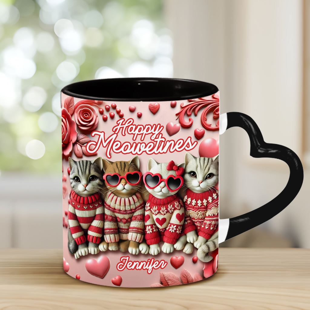 Happy Meowetines - Personalized Cat Heart Handle Mug