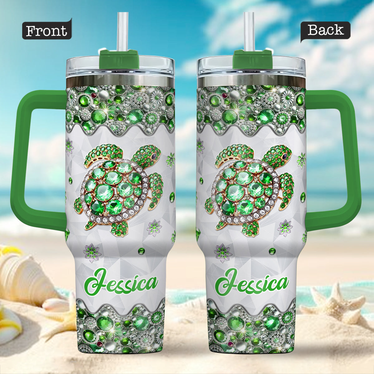 Gobelet isotherme personnalisé « J’adore les tortues » avec anse