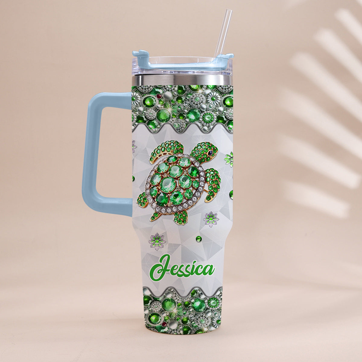Gobelet isotherme personnalisé « J’adore les tortues » avec anse