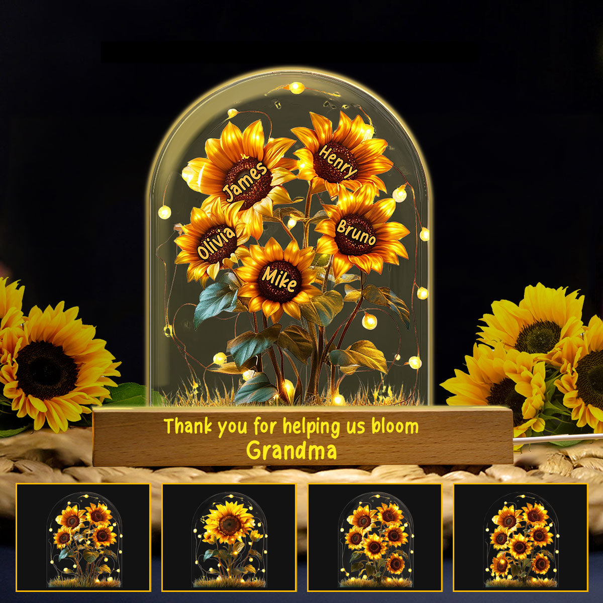 Veilleuse LED personnalisée en forme de maman, inspirée du jardin de tournesols de grand-mère