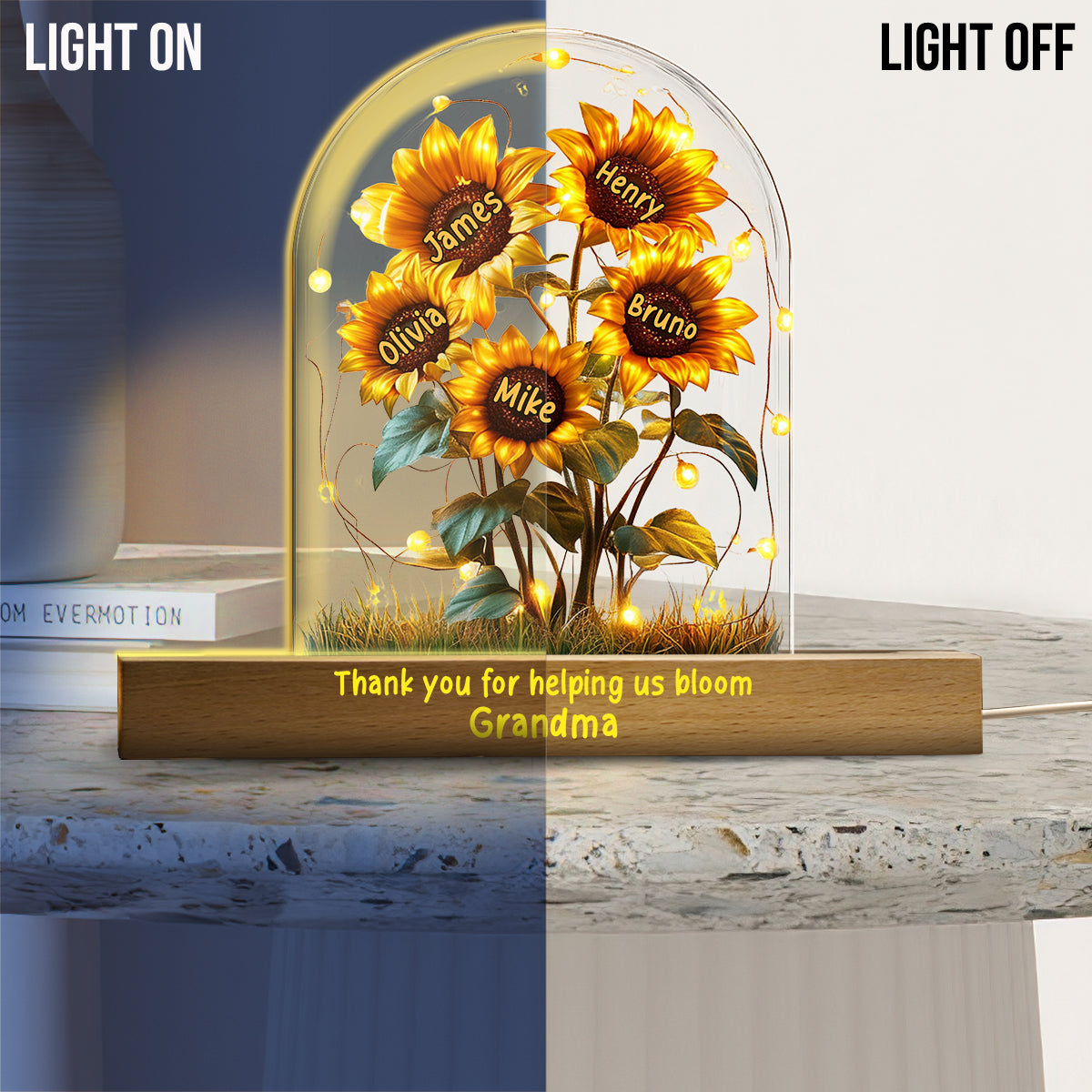 Veilleuse LED personnalisée en forme de maman, inspirée du jardin de tournesols de grand-mère