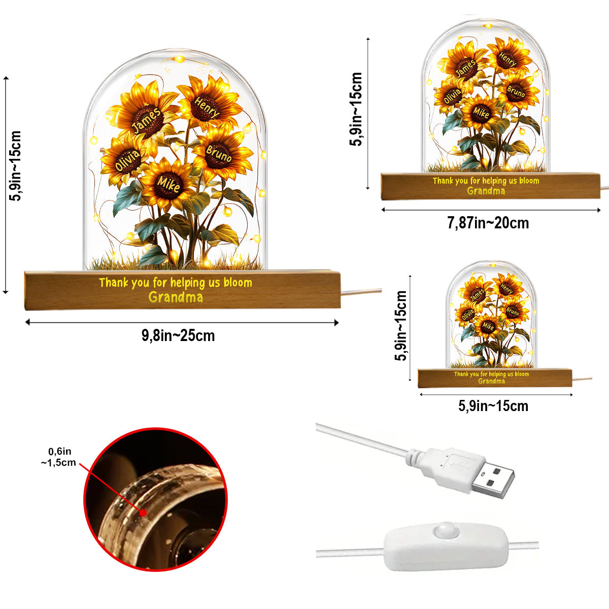 Veilleuse LED personnalisée en forme de maman, inspirée du jardin de tournesols de grand-mère