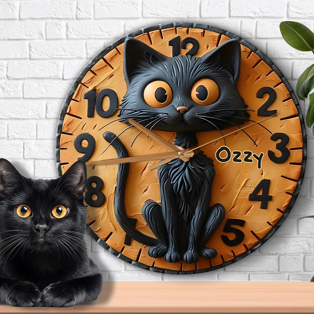 Cute Black Cat - Personalized Black Cat Wall Clock