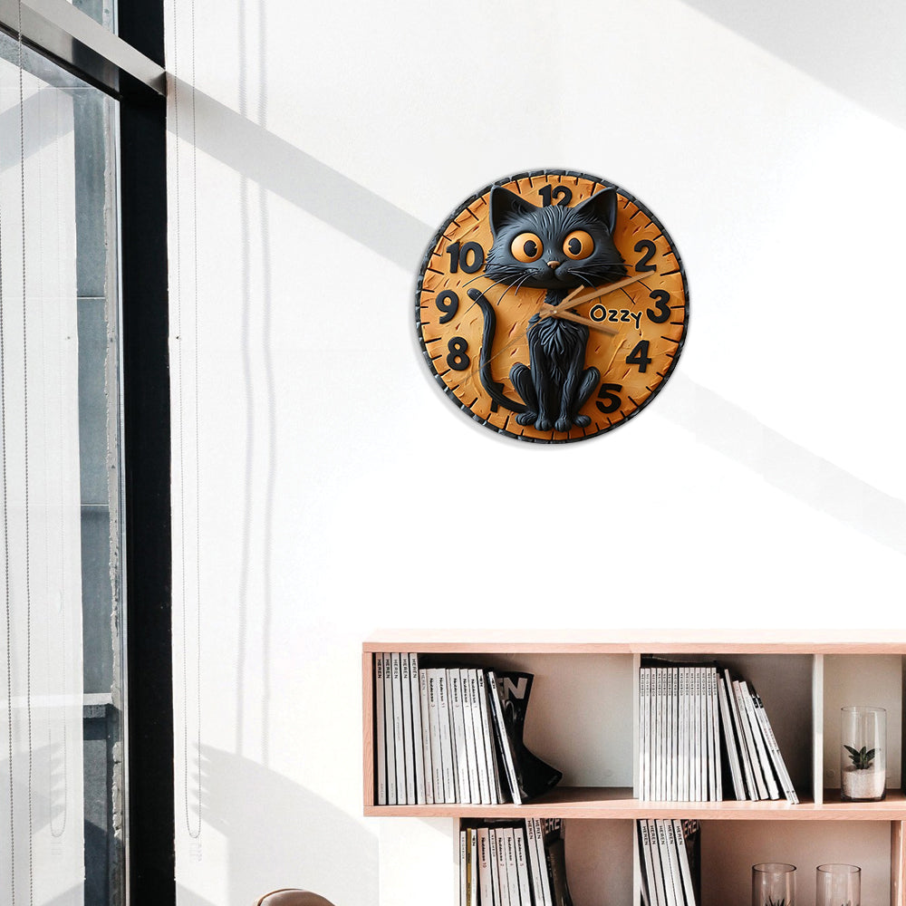 Cute Black Cat - Personalized Black Cat Wall Clock