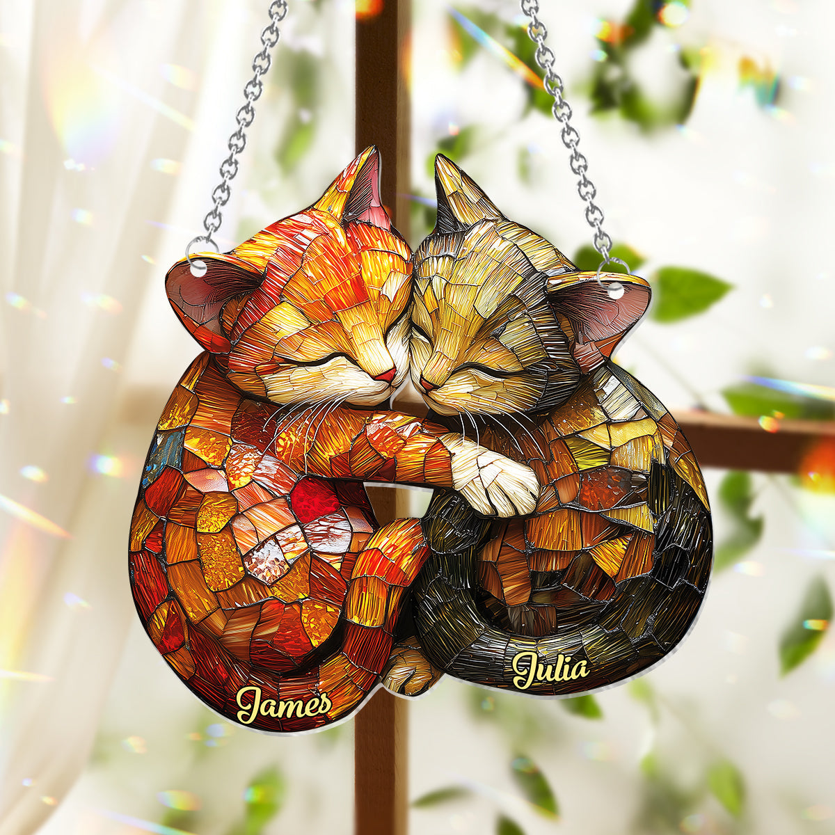 Cute Cat Couple - Personalized Cat Window Hanging Suncatcher Ornament