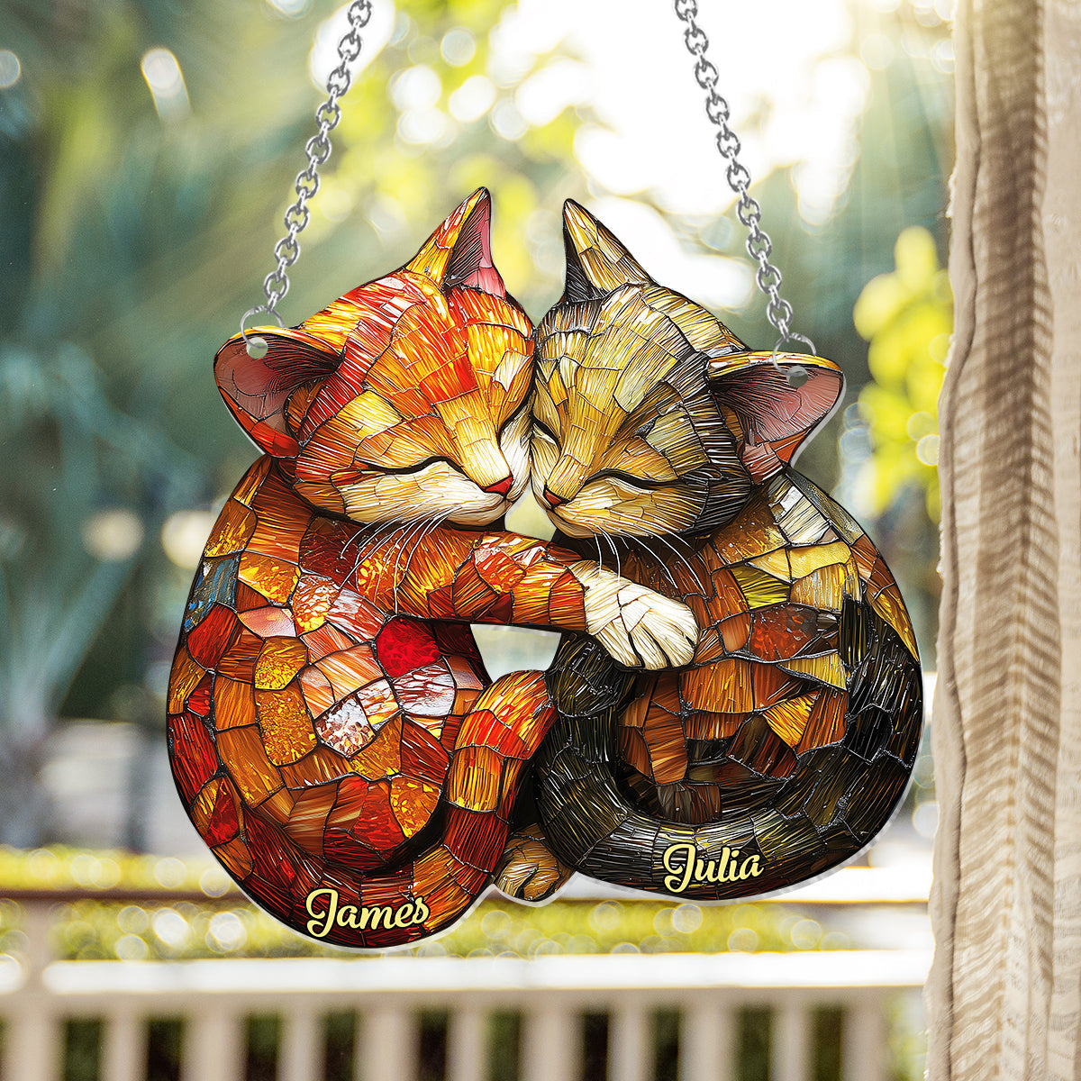 Cute Cat Couple - Personalized Cat Window Hanging Suncatcher Ornament