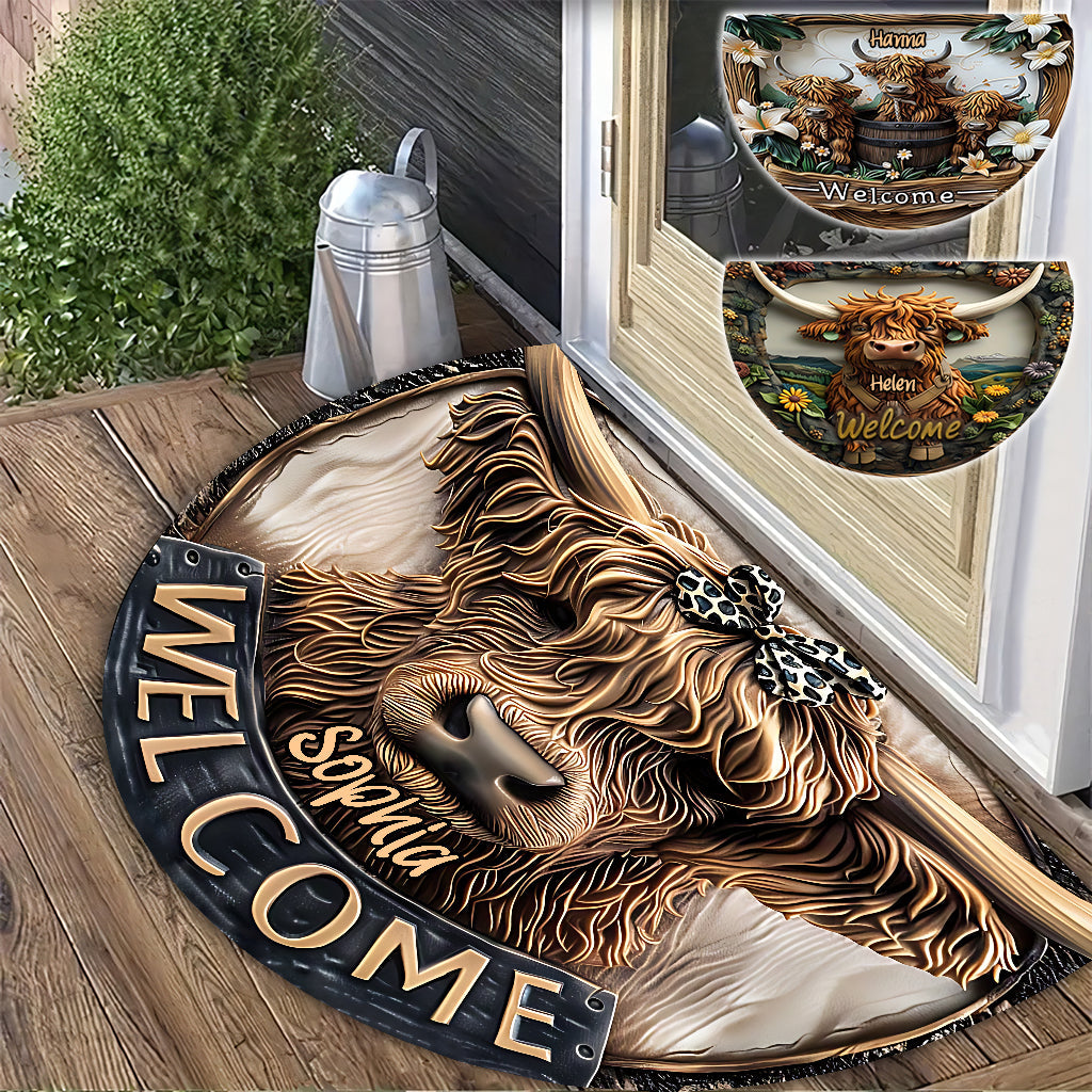 Cute Highland Cow Welcome - Personalized Shaped Doormat