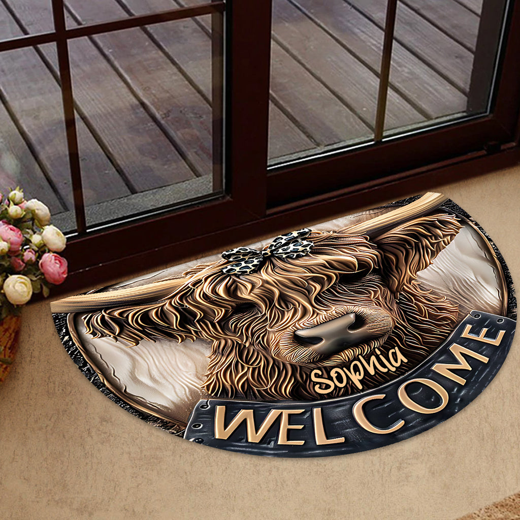Cute Highland Cow Welcome - Personalized Shaped Doormat