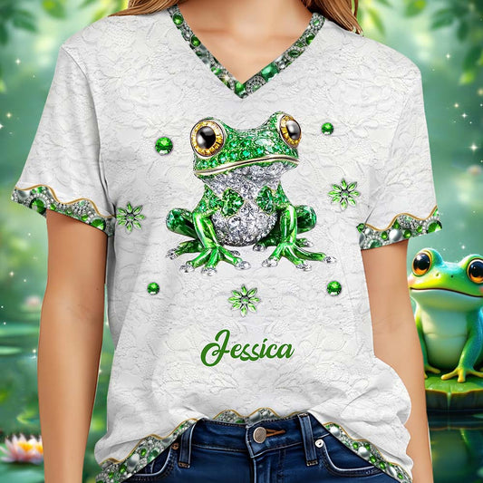 T-shirt à col en V personnalisé avec motif grenouille, imprimé intégral, motif « Love Frog ».