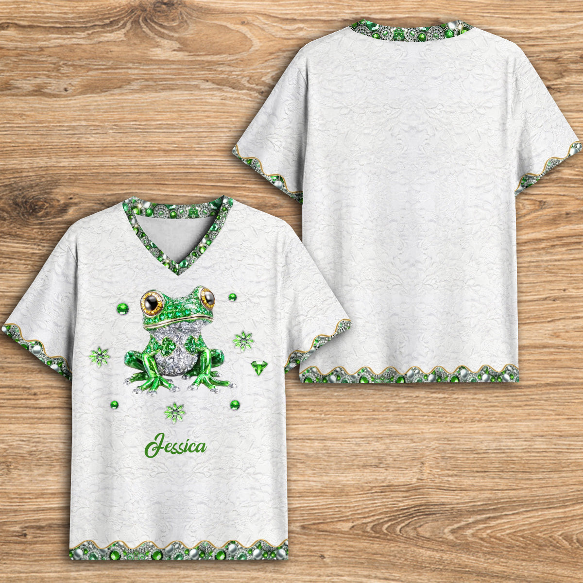 T-shirt à col en V personnalisé avec motif grenouille, imprimé intégral, motif « Love Frog ».