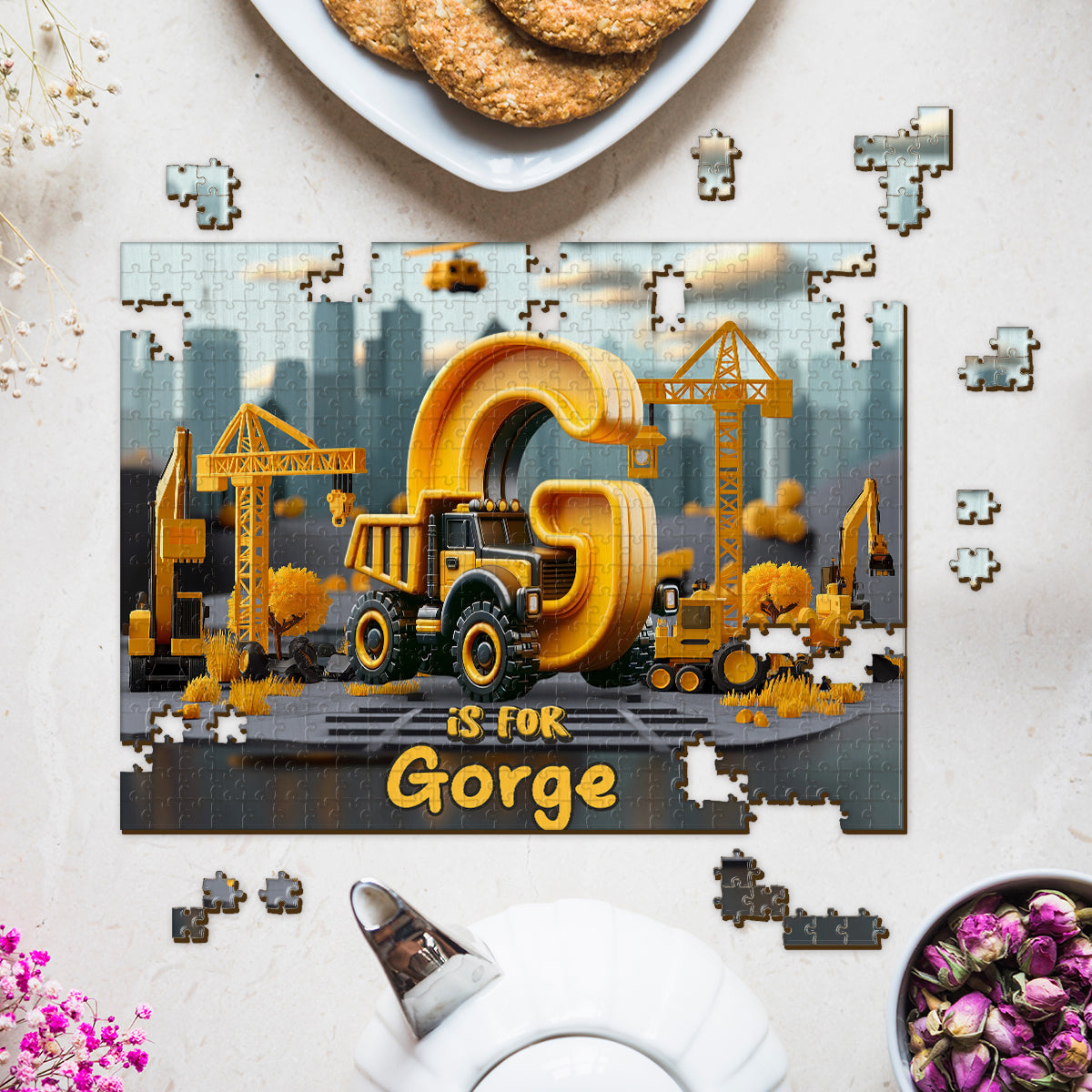 Construction Vehicles Letters - Personalized Kid Jigsaw Puzzle