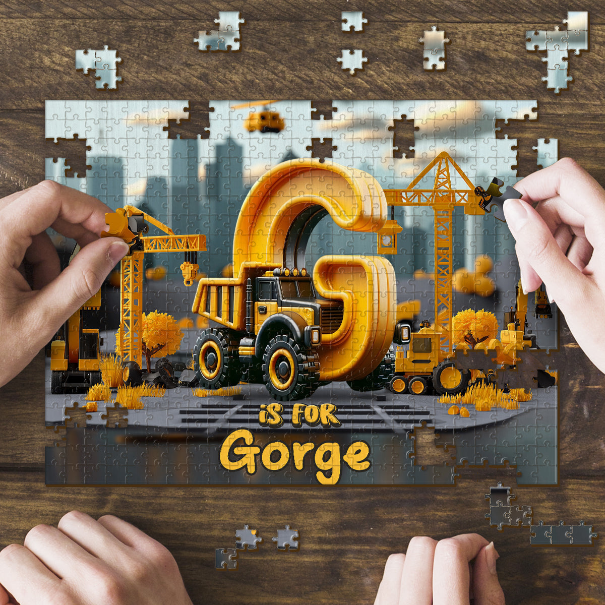 Construction Vehicles Letters - Personalized Kid Jigsaw Puzzle