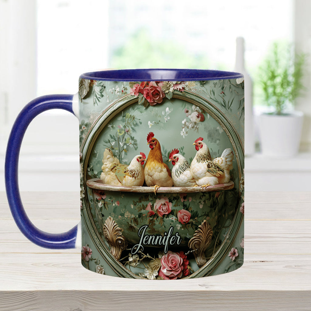 Mug personnalisé à motif floral vintage et poulet