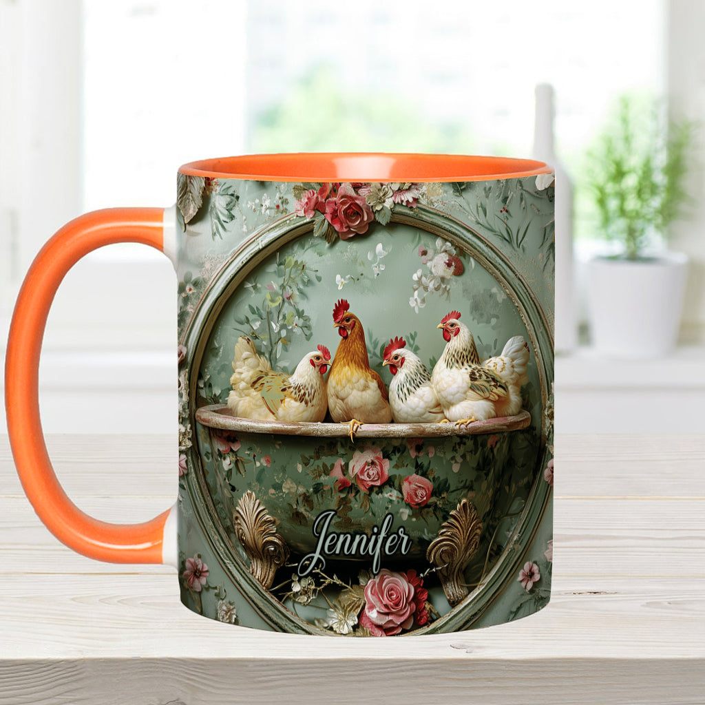 Mug personnalisé à motif floral vintage et poulet