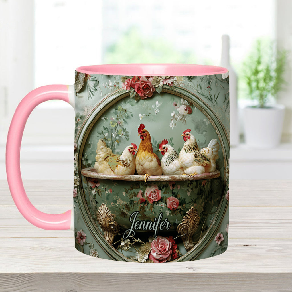 Mug personnalisé à motif floral vintage et poulet