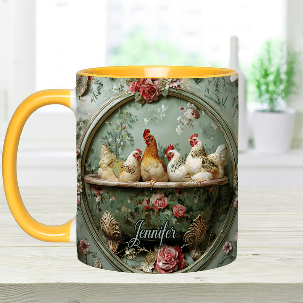 Mug personnalisé à motif floral vintage et poulet