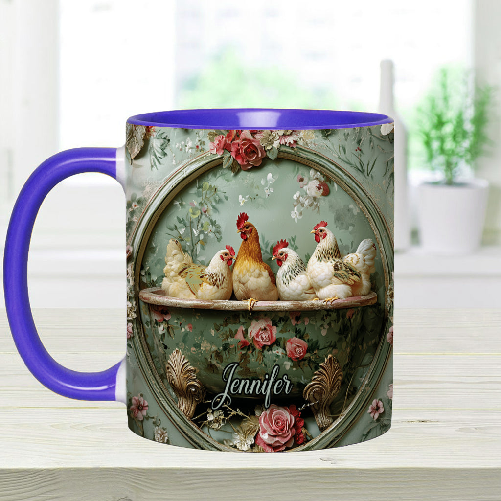 Mug personnalisé à motif floral vintage et poulet