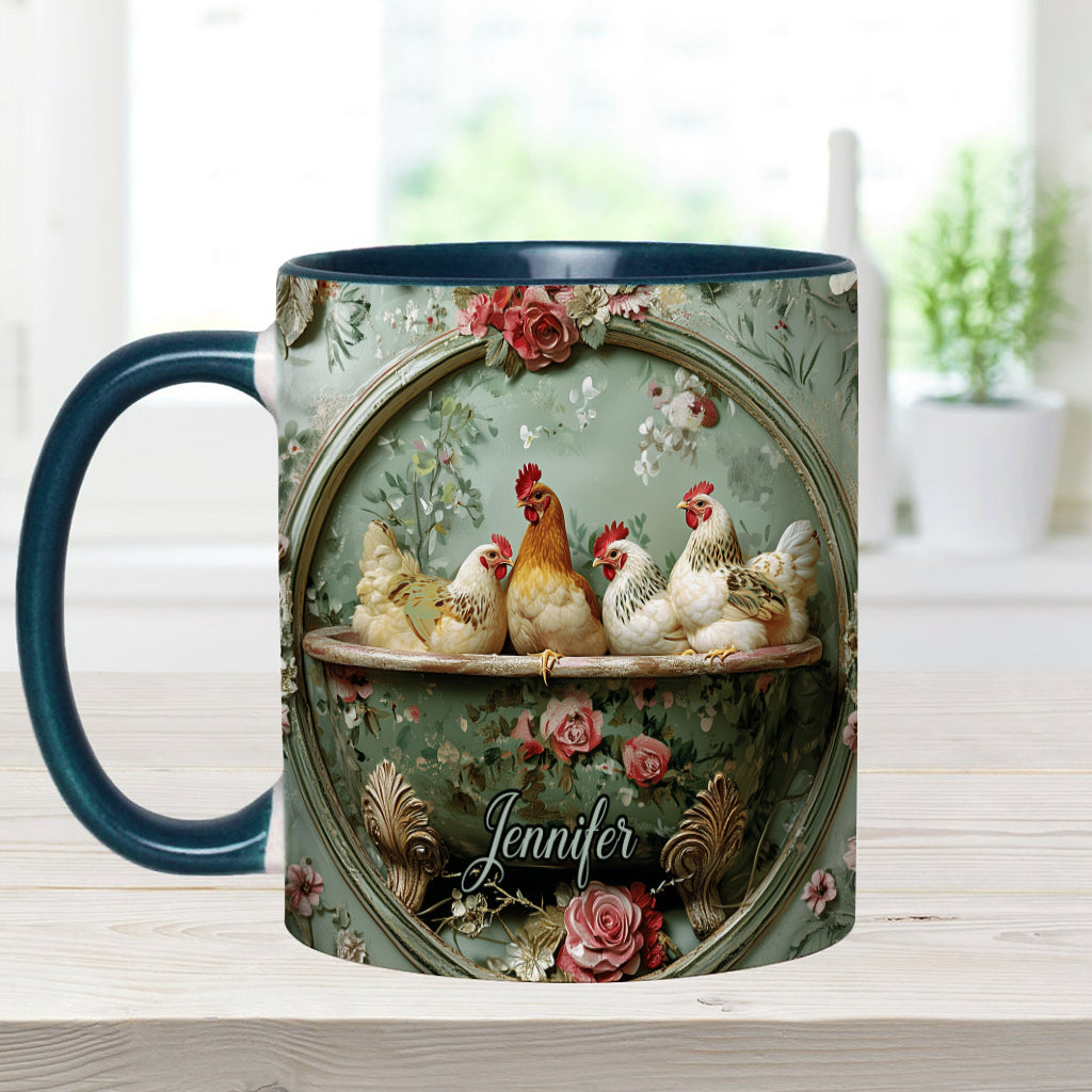 Mug personnalisé à motif floral vintage et poulet