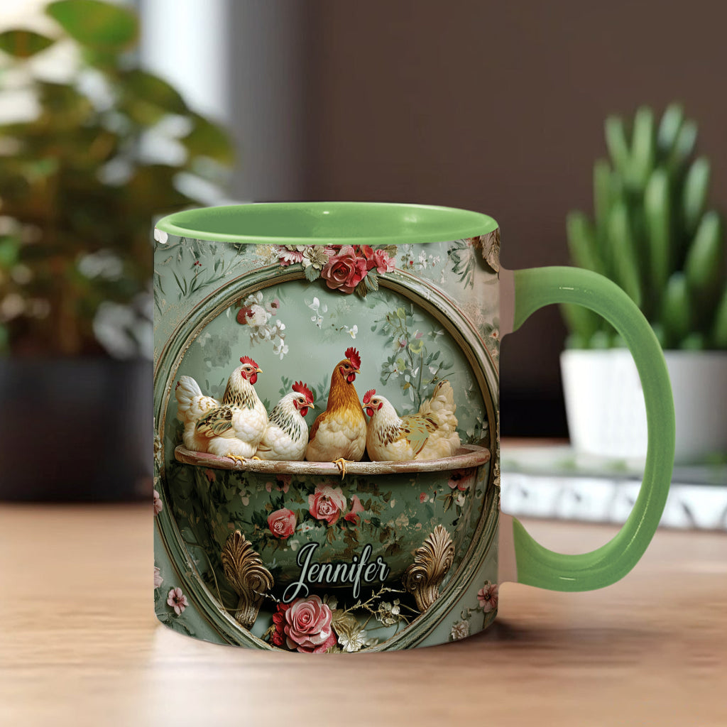Mug personnalisé à motif floral vintage et poulet