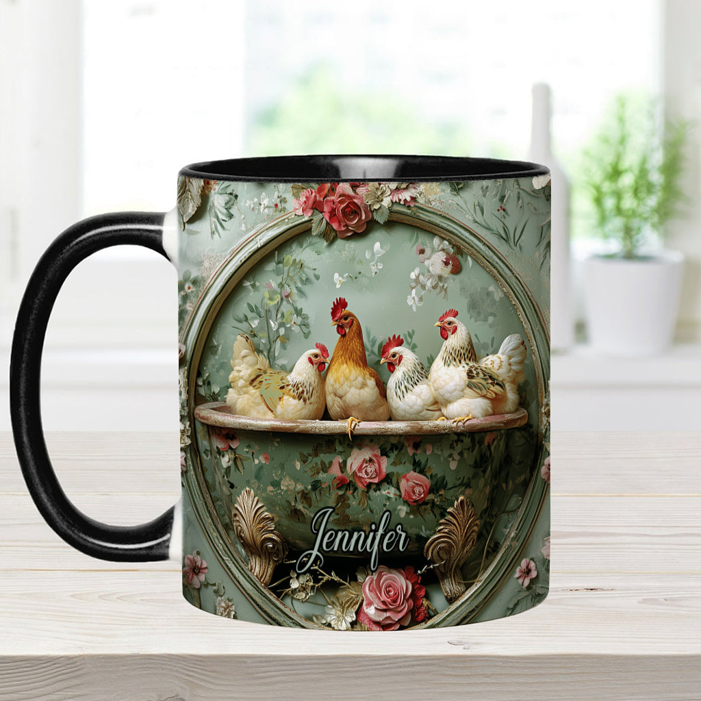 Mug personnalisé à motif floral vintage et poulet