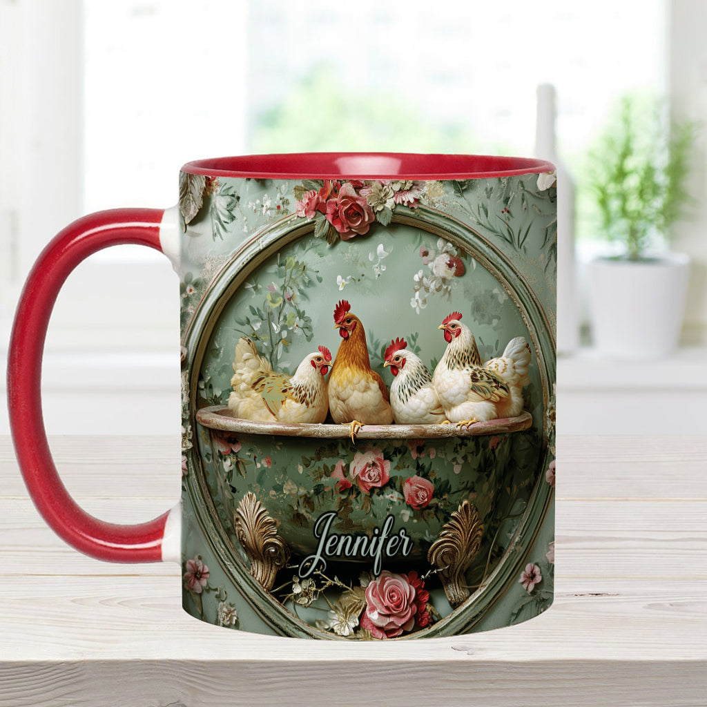 Mug personnalisé à motif floral vintage et poulet