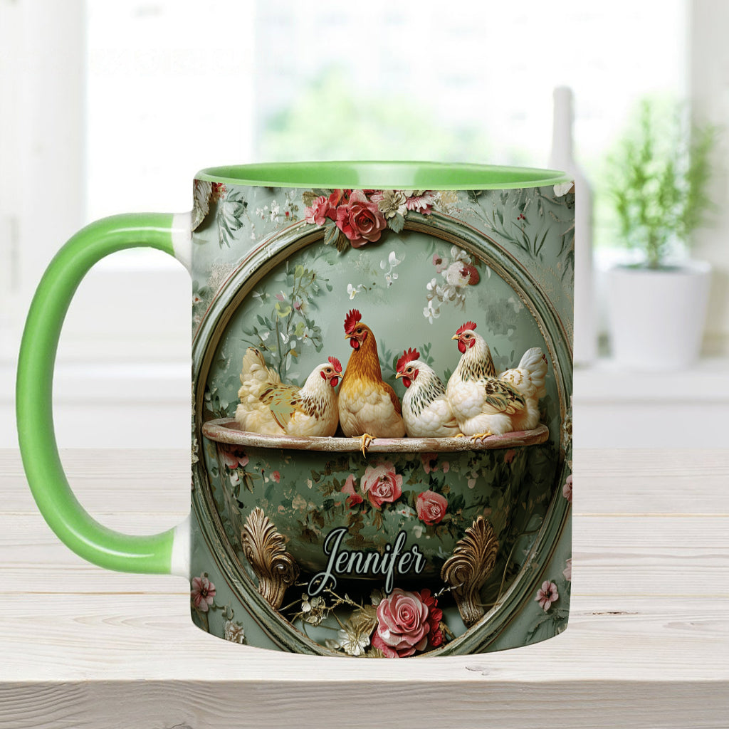 Mug personnalisé à motif floral vintage et poulet