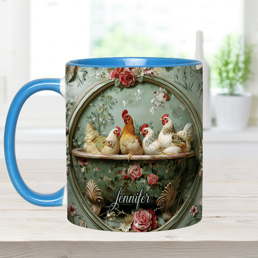 Mug personnalisé à motif floral vintage et poulet
