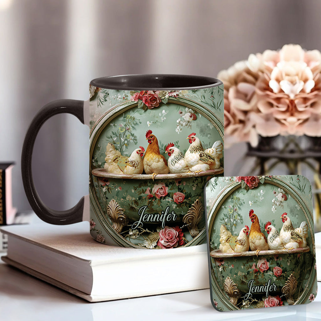 Mug personnalisé à motif floral vintage et poulet