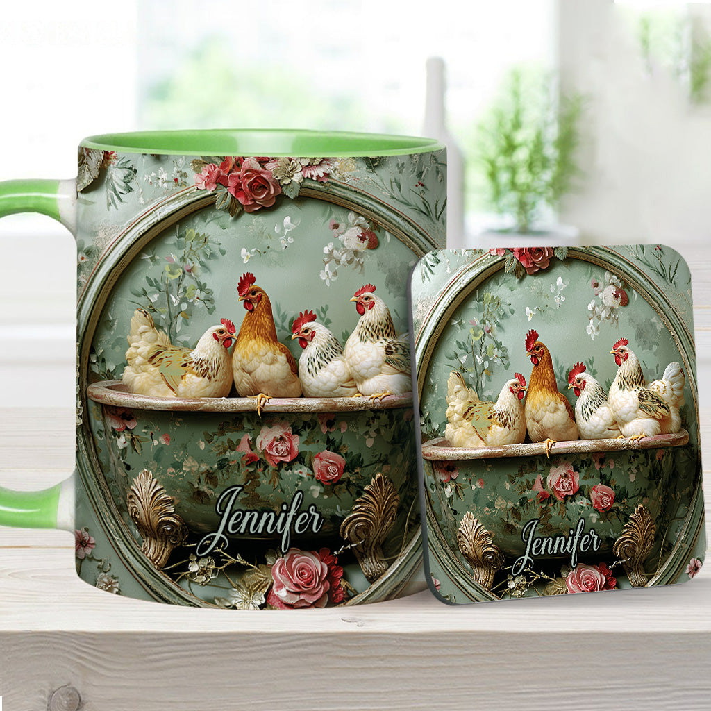 Mug personnalisé à motif floral vintage et poulet