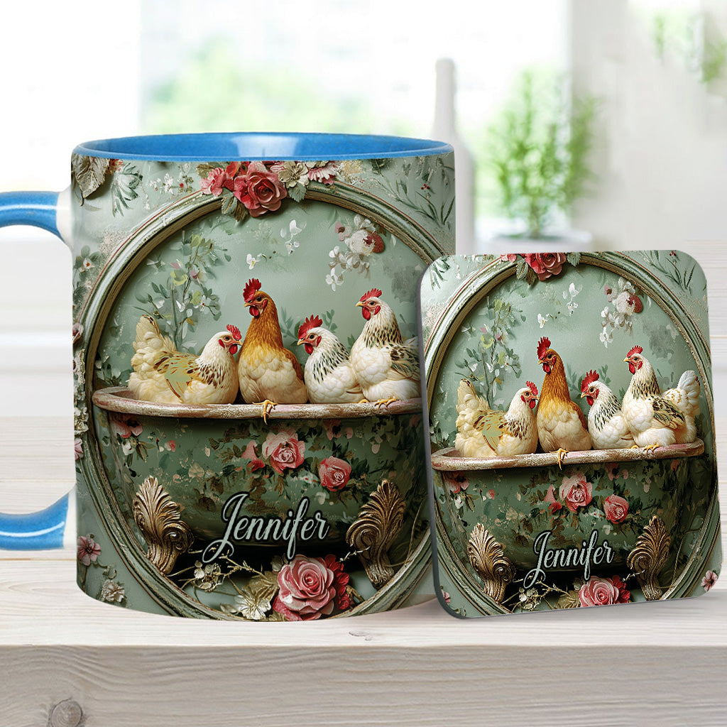 Mug personnalisé à motif floral vintage et poulet