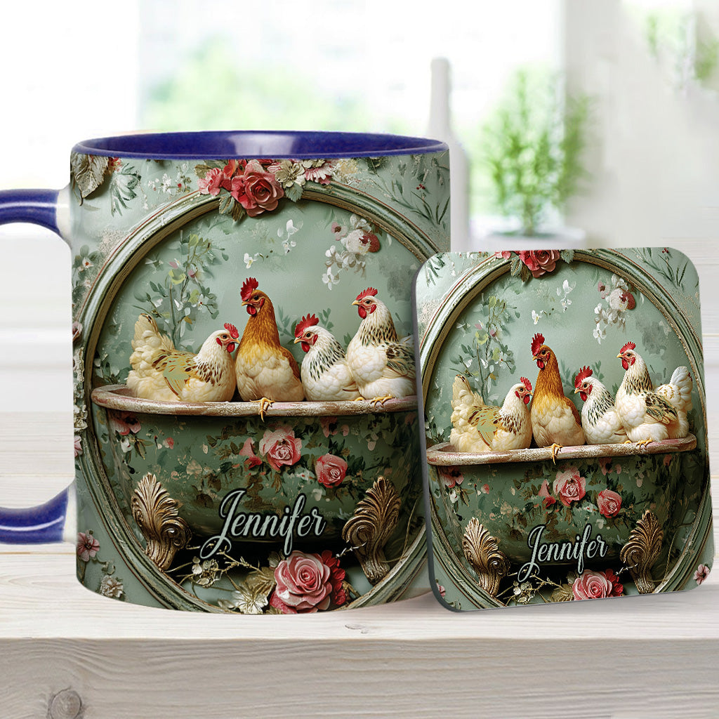 Mug personnalisé à motif floral vintage et poulet