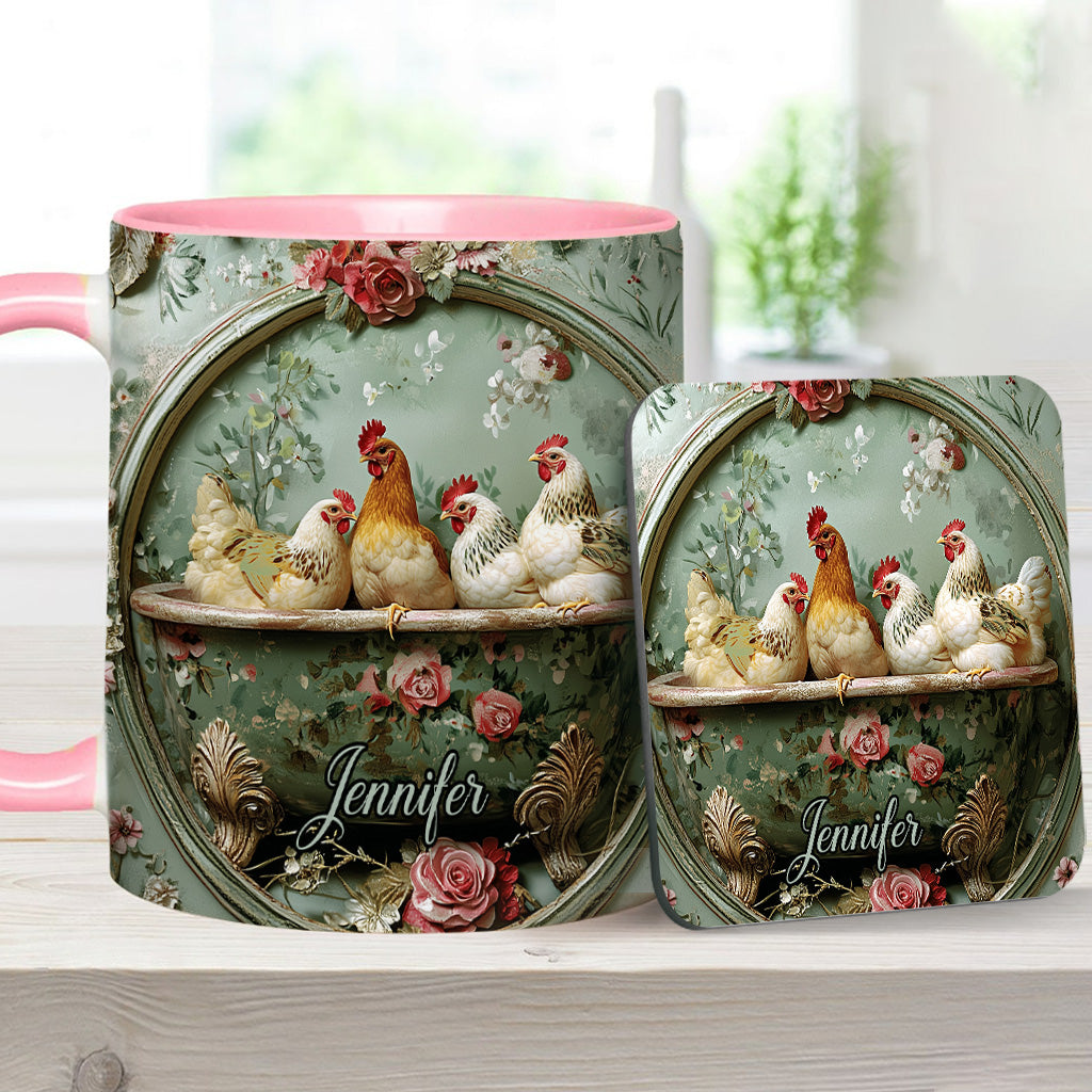Mug personnalisé à motif floral vintage et poulet