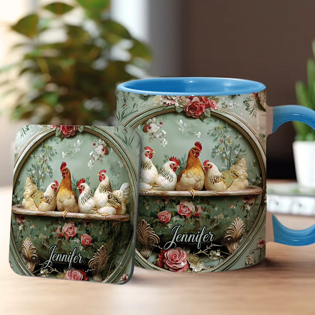 Mug personnalisé à motif floral vintage et poulet
