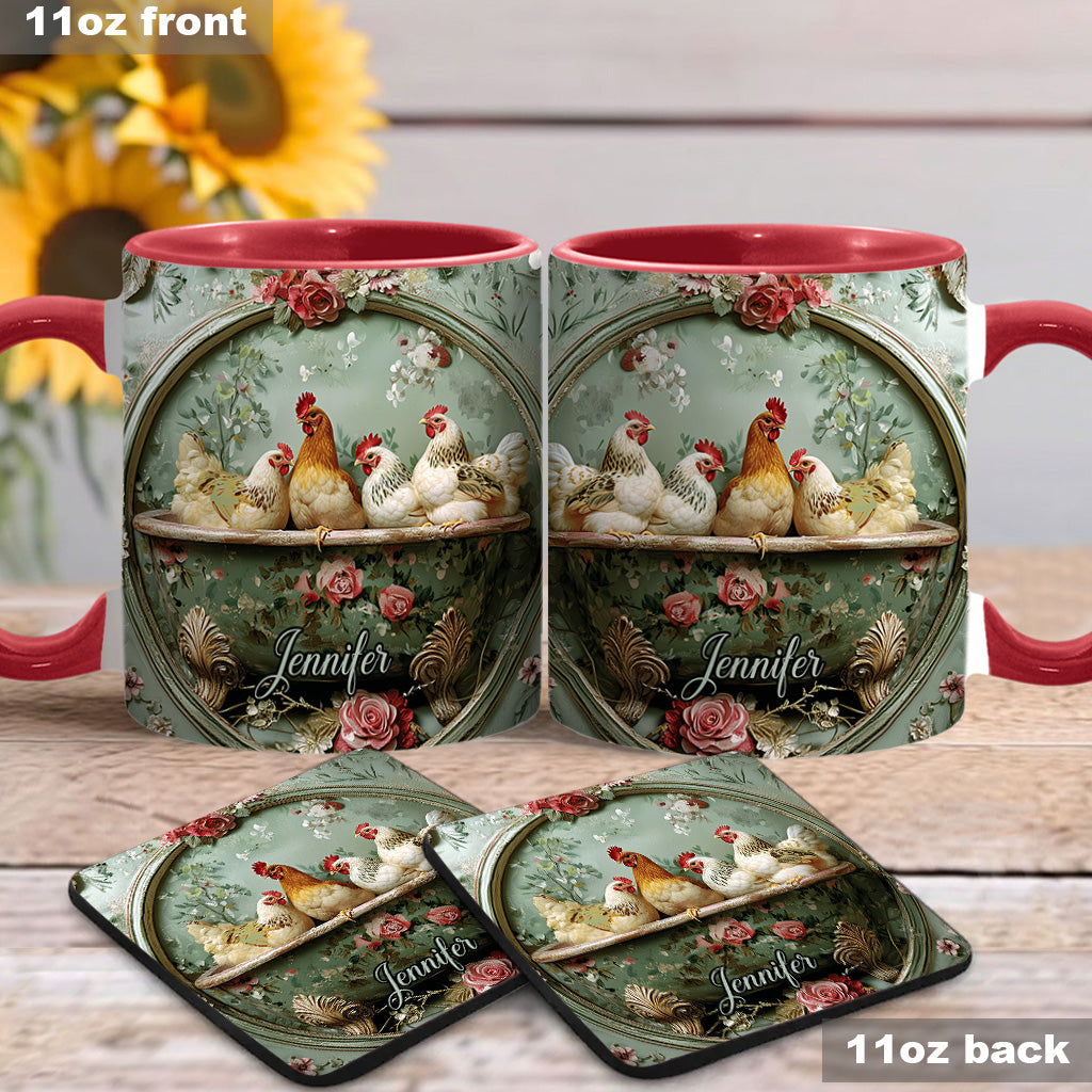 Mug personnalisé à motif floral vintage et poulet