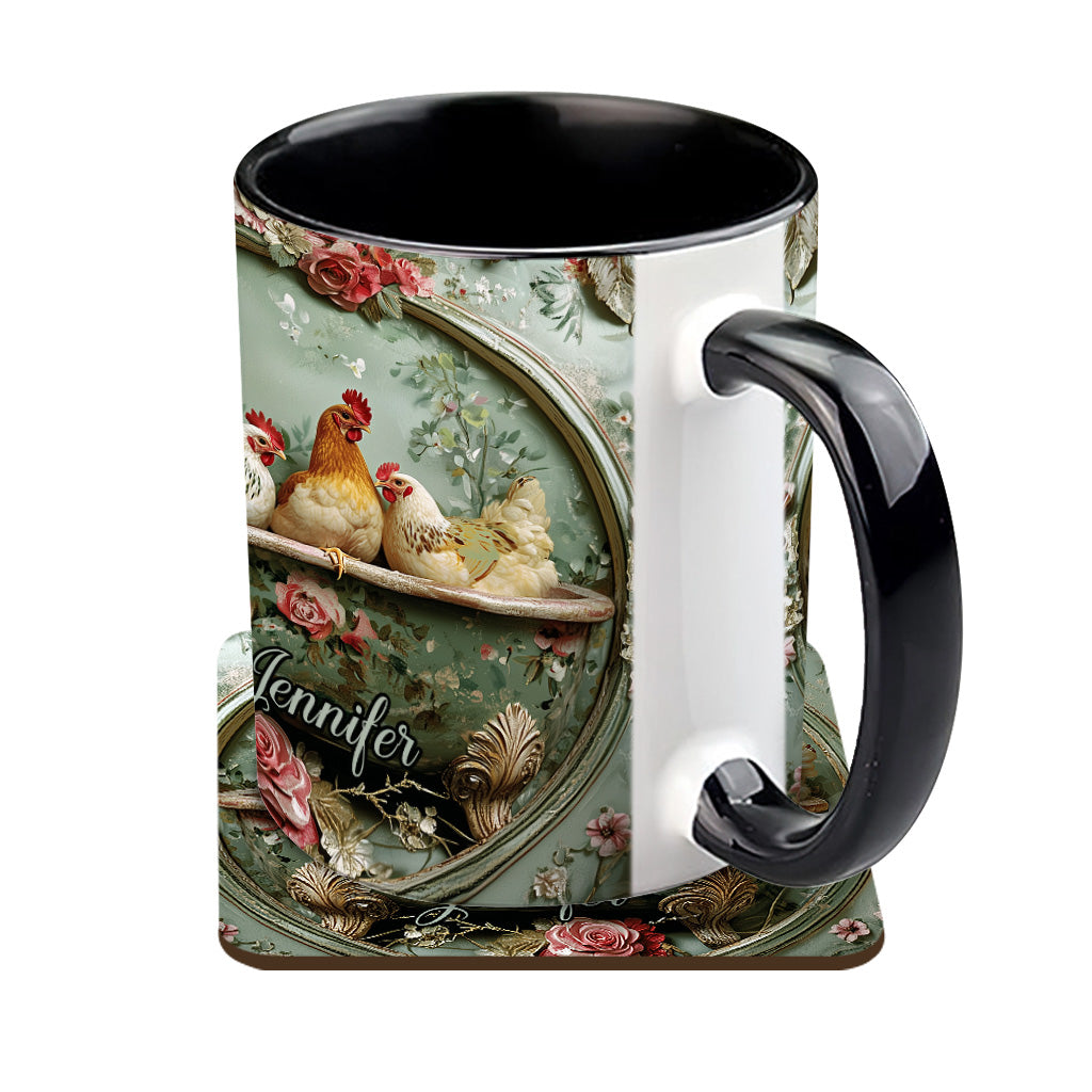 Mug personnalisé à motif floral vintage et poulet