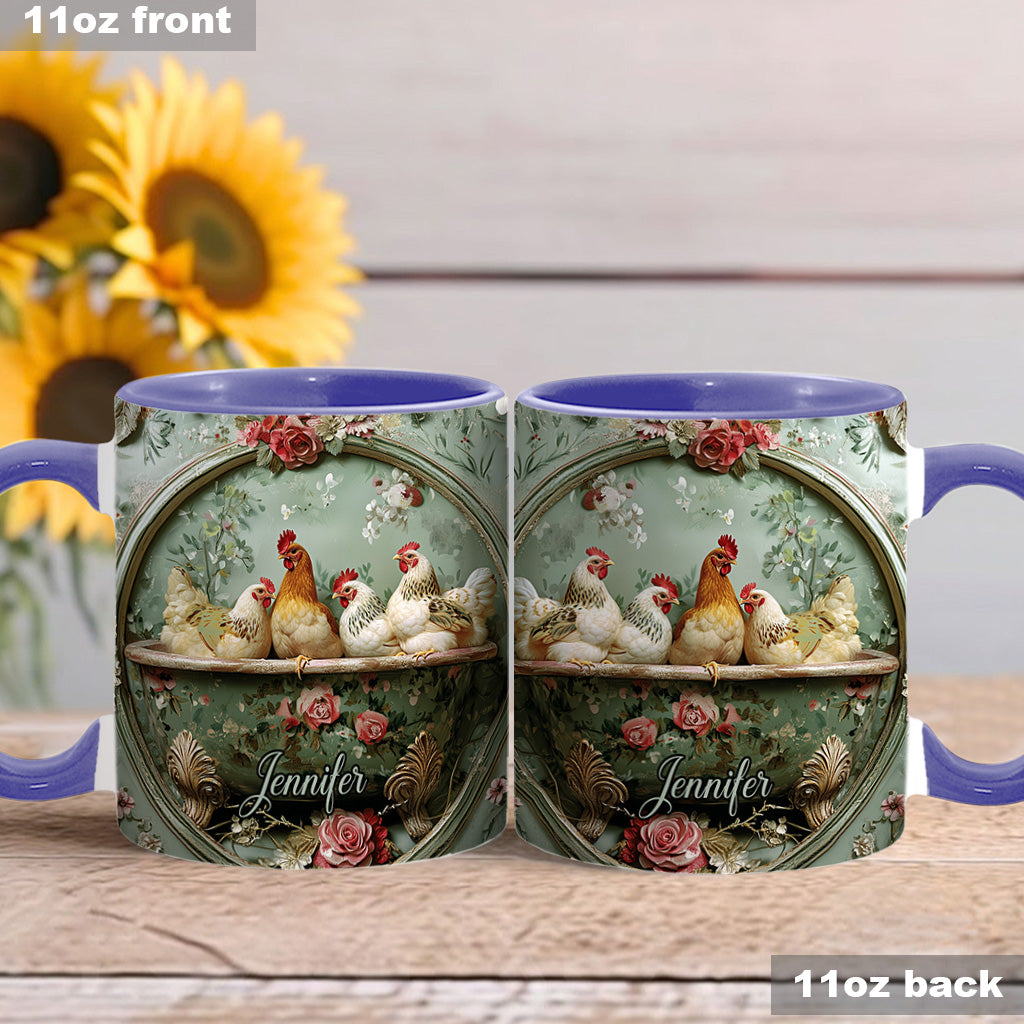 Mug personnalisé à motif floral vintage et poulet