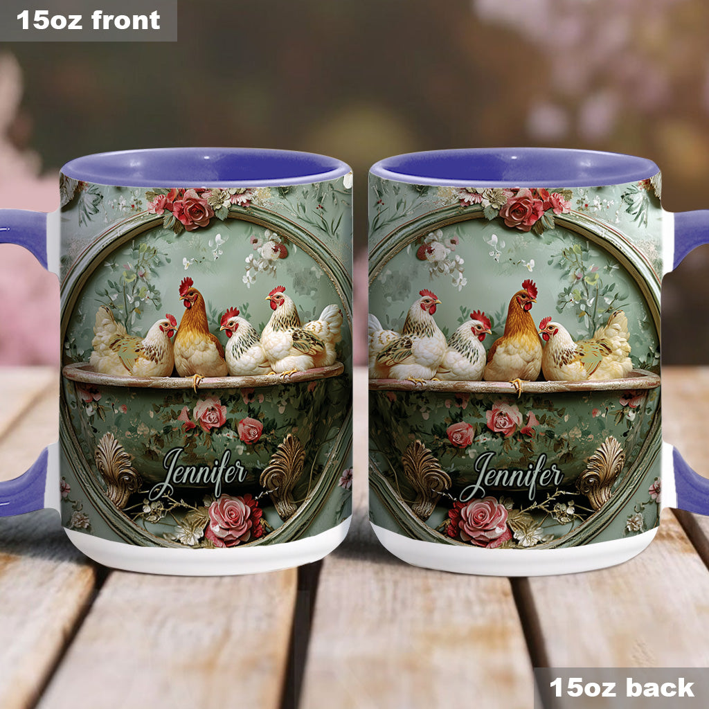 Mug personnalisé à motif floral vintage et poulet