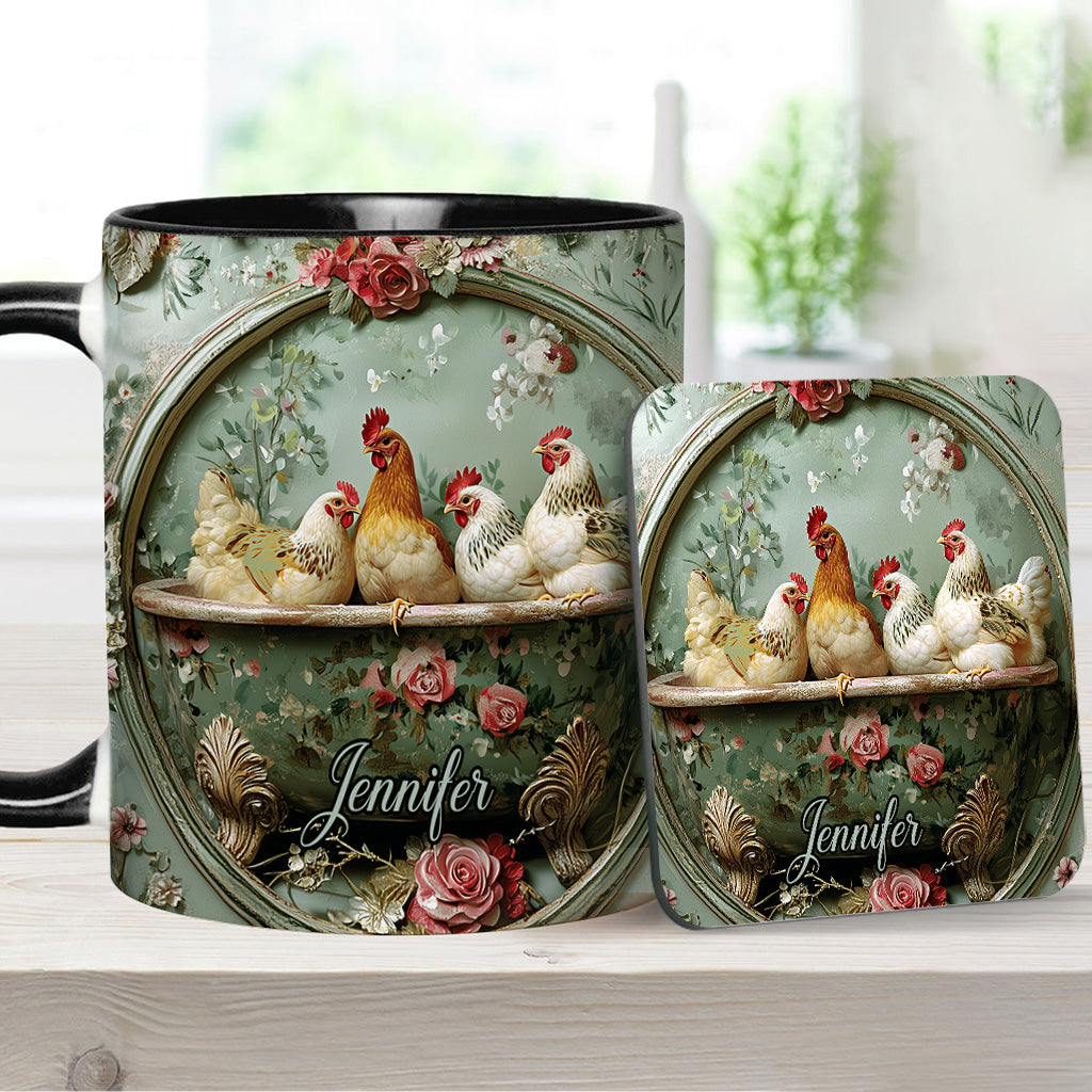 Mug personnalisé à motif floral vintage et poulet