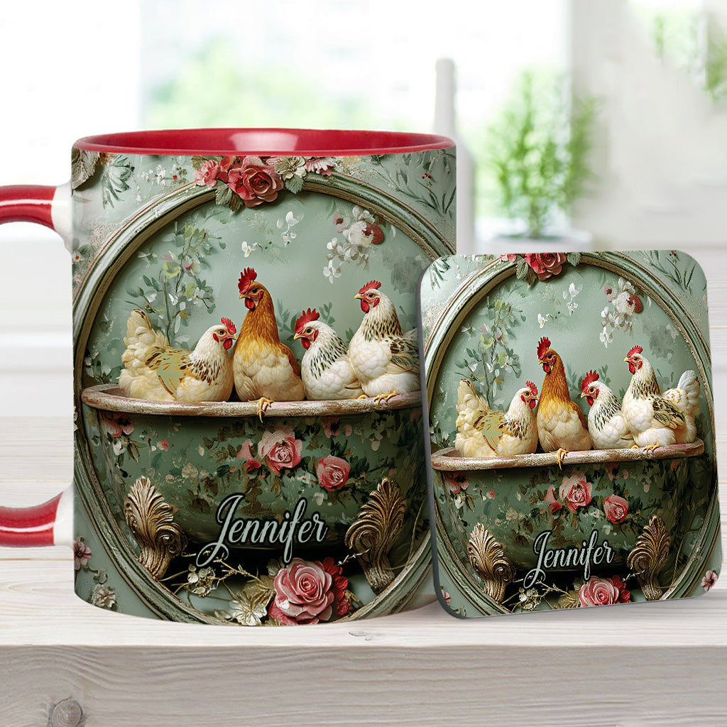 Mug personnalisé à motif floral vintage et poulet