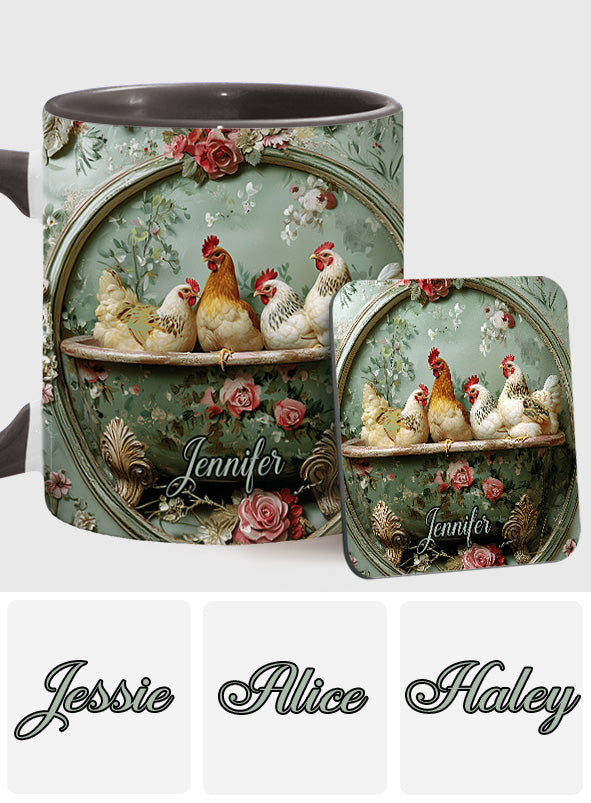 Mug personnalisé à motif floral vintage et poulet