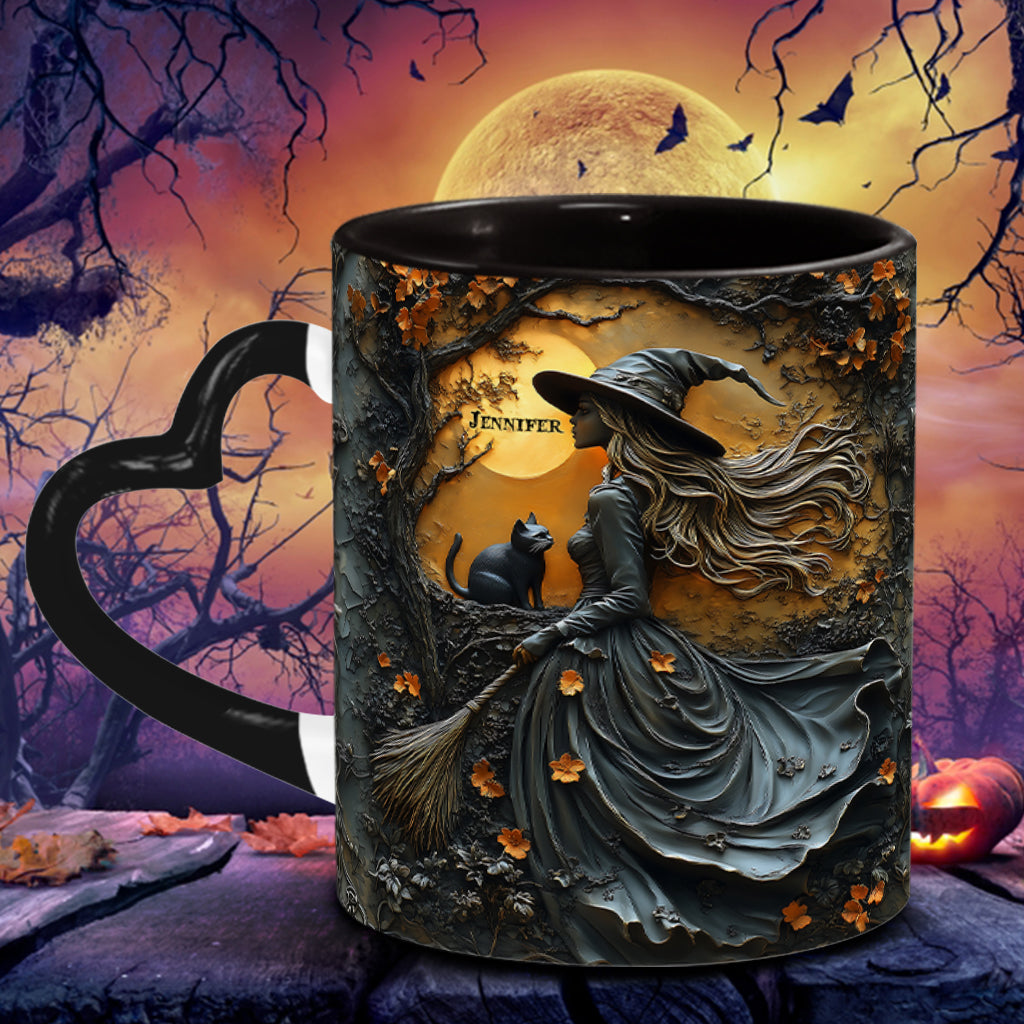 Belle sorcière et son chat noir - Mug personnalisé avec anse en forme de cœur