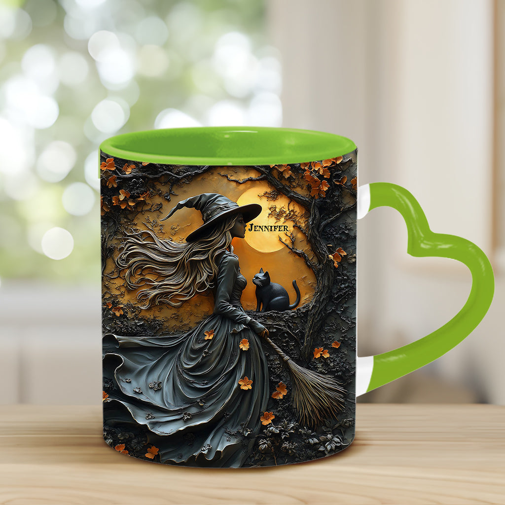 Belle sorcière et son chat noir - Mug personnalisé avec anse en forme de cœur