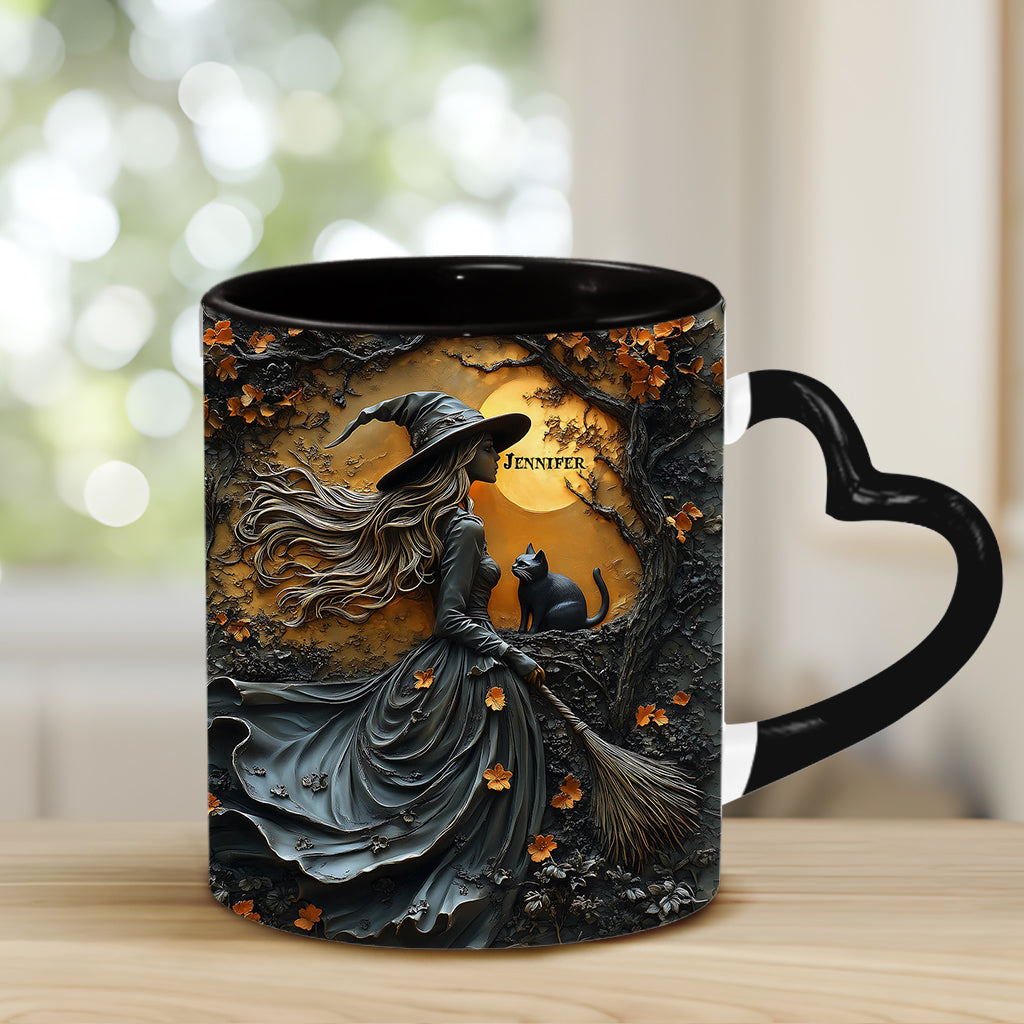 Belle sorcière et son chat noir - Mug personnalisé avec anse en forme de cœur